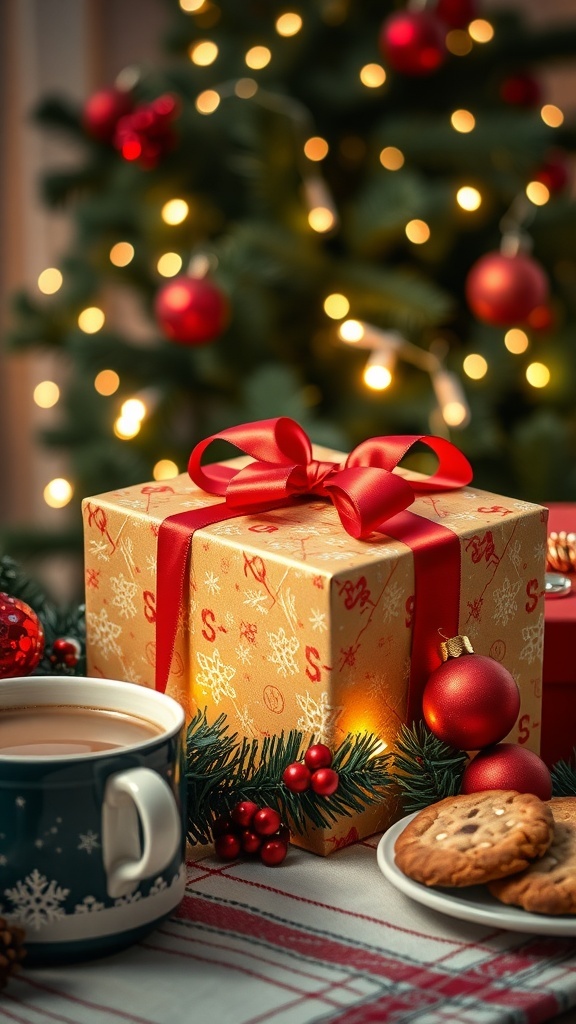 Thoughtful Christmas Gift Ideas for Older Women A wrapped Christmas gift box with a red ribbon on a festive table with hot cocoa and cookies.